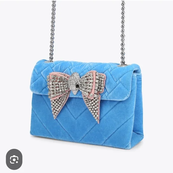 Kurt Geiger Blue Velvet Bag with Crystal Bow Rare Nwt & Dustcover - Picture 6 of 16